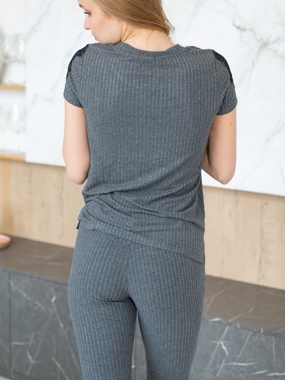 Женский домашний комплект с кружевным декором (Размер: L) (Цвет: серый)