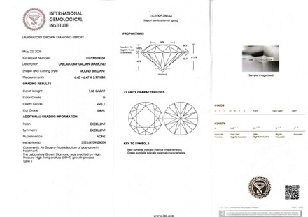 Лабораторно-выращенный бриллиант Кр-57 6.43-6.47 мм D/VVS1 1.03ct