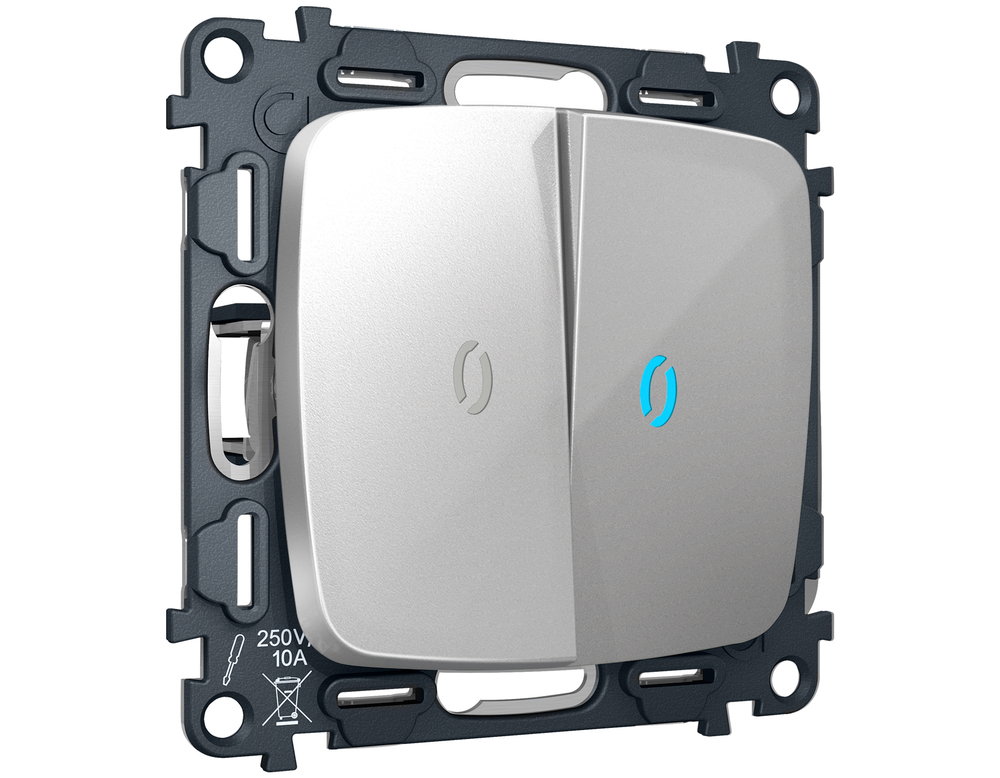 MO404040 Комплект механизма 2-кл проходного выключателя с подсветкой 10000K OMEGA Серебро глянец QUANT (OP4040, VM120, G29B)