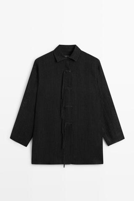 Massimo Dutti Блуза в полоску из смесового льна с пуговицами, черный