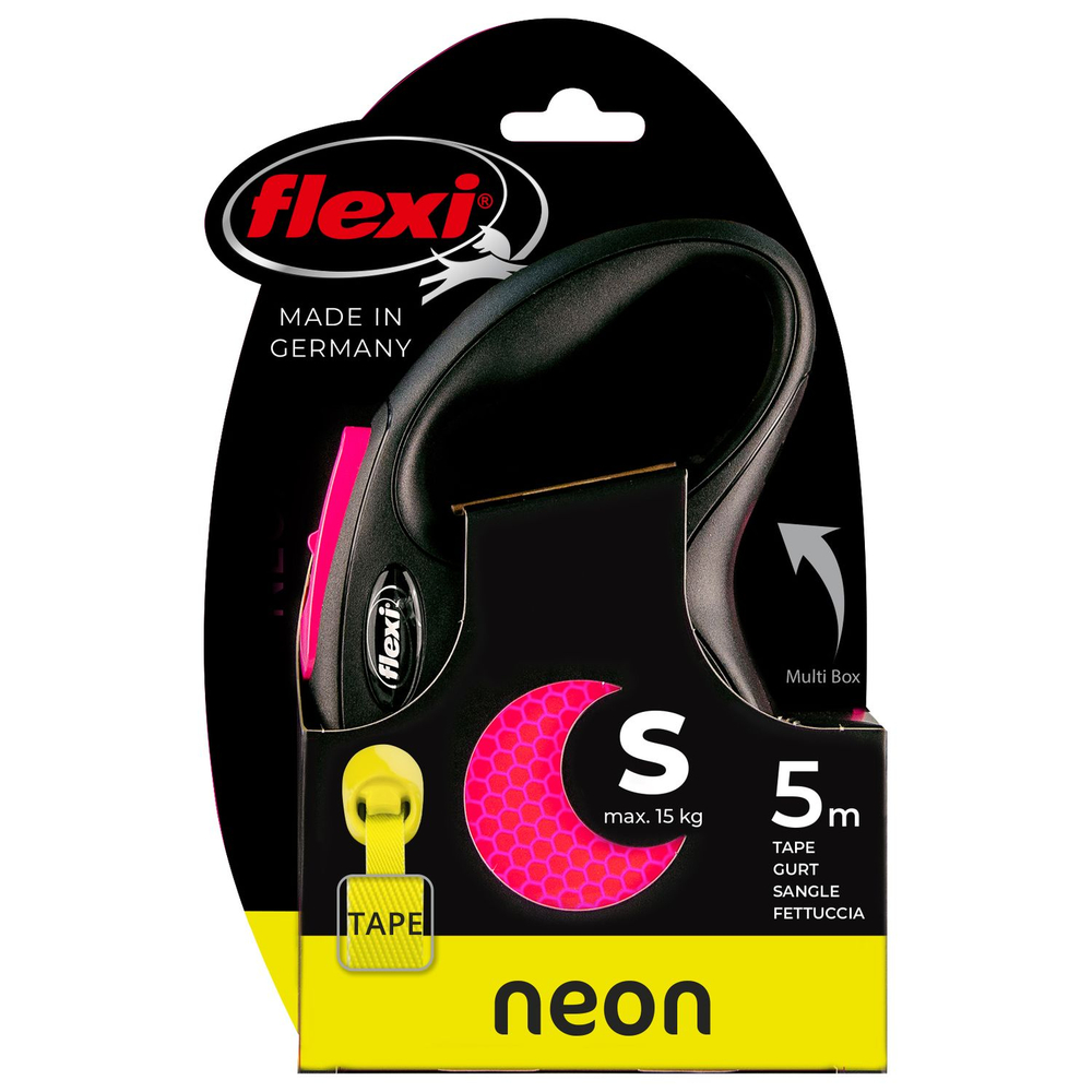 Рулетка для собак Flexi Neon New S лента 5м до 15кг светоотражающая Розовая