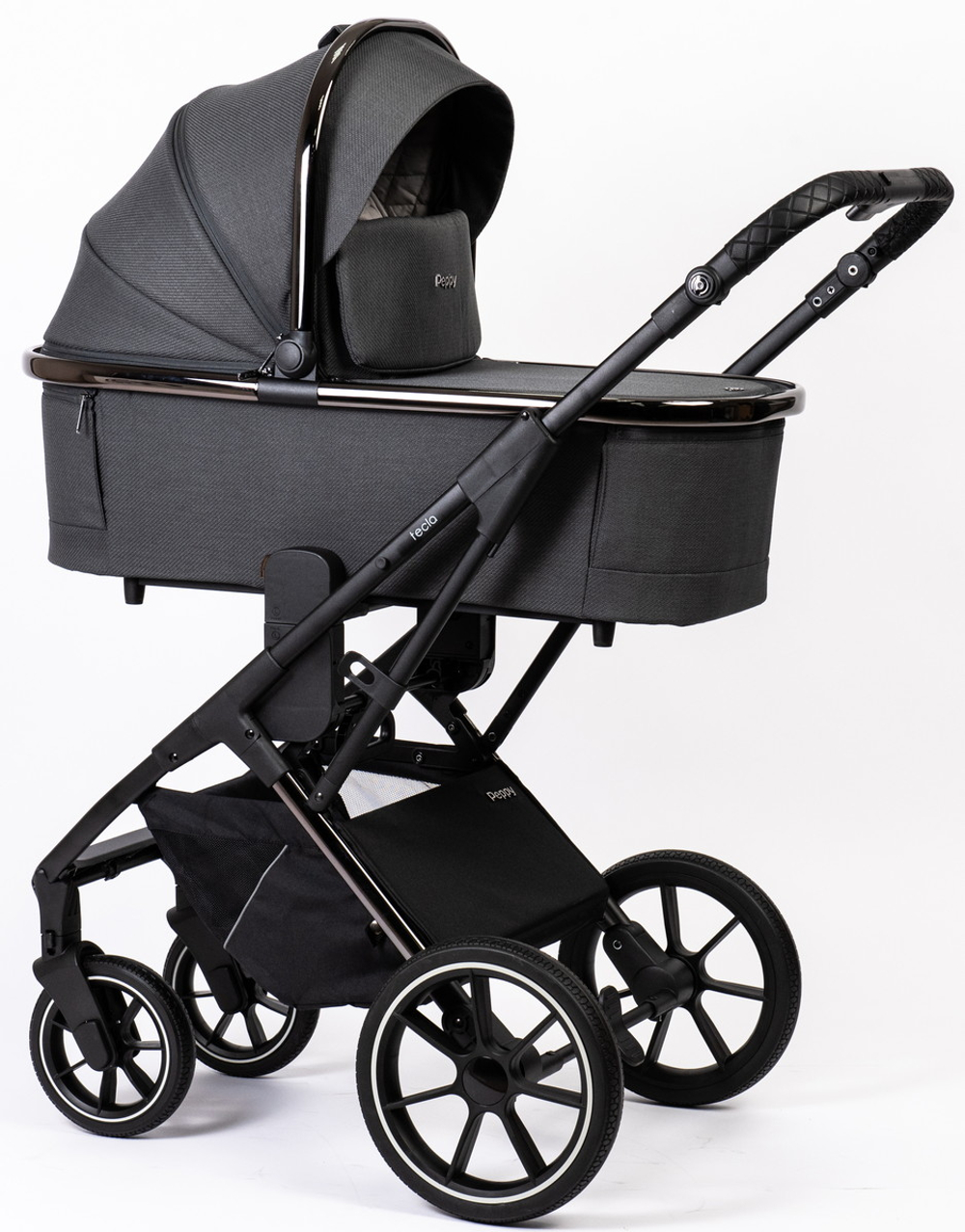 Детская коляска Peppy Tecla 3 в 1 с автокреслом First black Shadow Antrazit Chrome Edition (Графитовый)