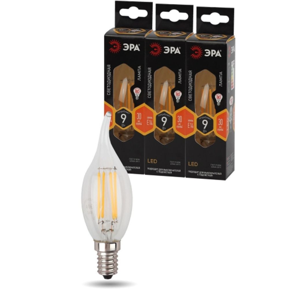 Лампа светодиодная ЭРА F-LED BXS-9W-827-E14 9Вт филамент свеча на ветру теплый белый свет Е14 | Филаментные декоративные