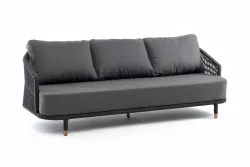 "Верона" диван 3-местный плетеный из роупа, каркас алюминий темно-серый (RAL7024) муар, роуп темно-серый круглый, ткань темно-серая 027