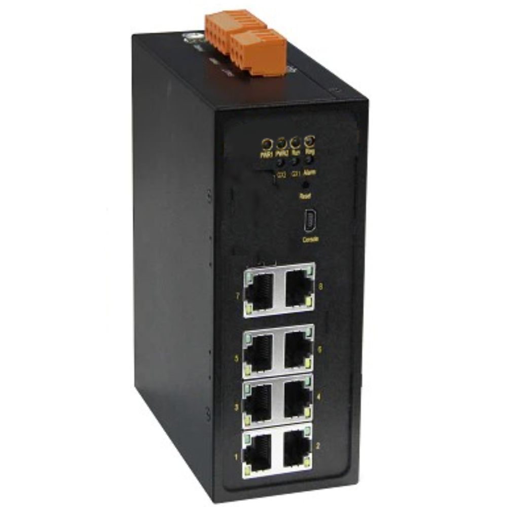 Промышленный управляемый коммутатор, 8×10/100Base-T(X) портов RJ45,консольный порт Mini USB, 24-48В DC (18-72В DC), с резервированием