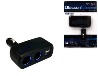 Разветвитель прикуривателя 2гнезда + 2USB+ цельный/СРЕДН/Olesson черный RV-029\ 1637