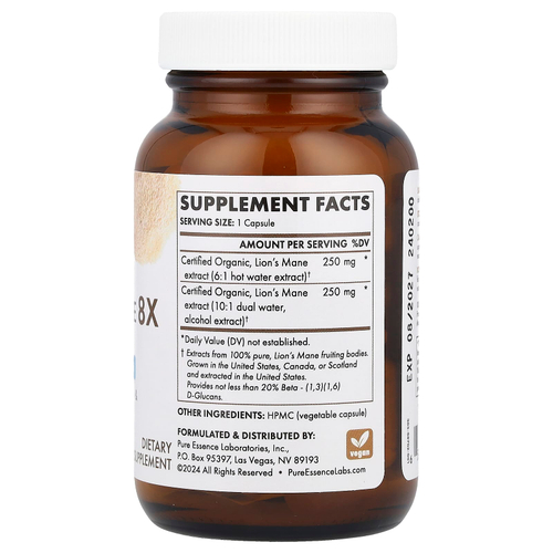 Pure Essence, MyPure ™, Lion's Mane 8X, максимальная сила действия, 60 растительных капсул