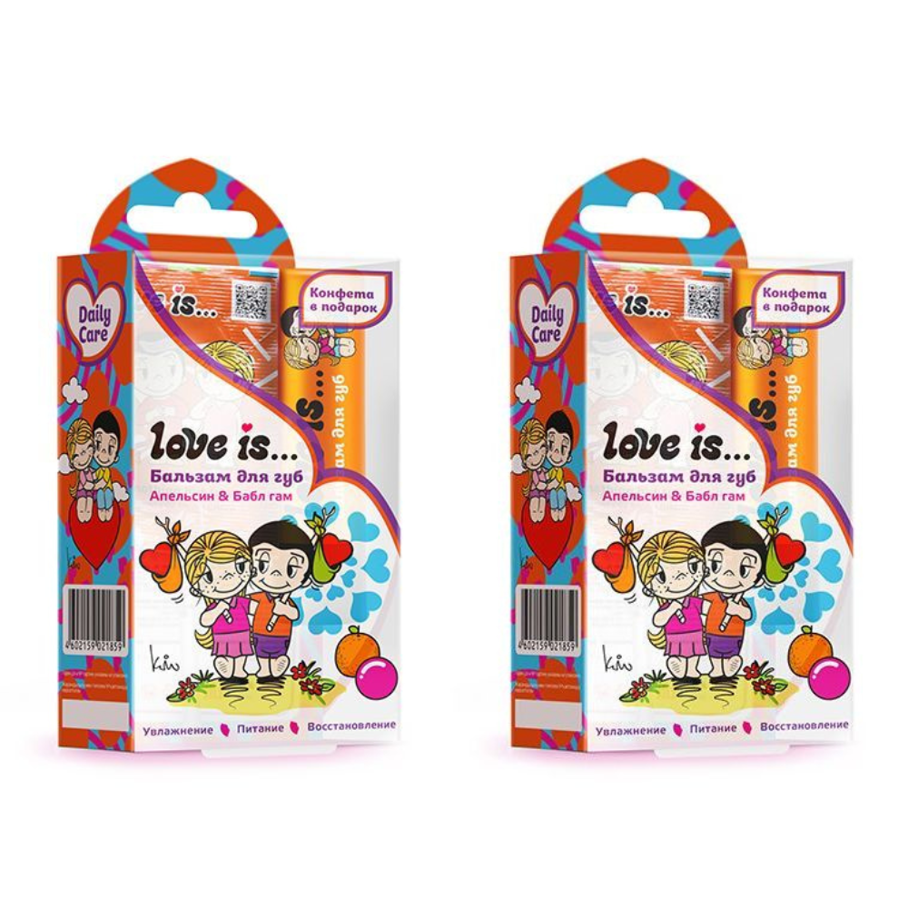 Бальзам для губ Love Is Апельсин и Бабл гам Коробка+карамель 4,2 гр