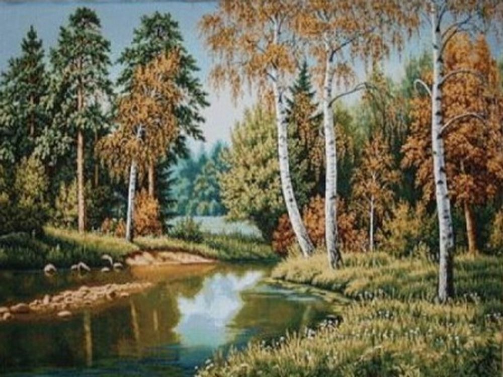 Гобеленовая картина &quot;D. В КРАЮ БЕРЁЗОВОГО СИТЦА&quot; в багетной раме, Россия.