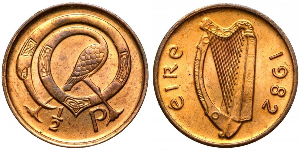 Ирландия 1/2 пенни, 1971 - 1986 Птицы XF