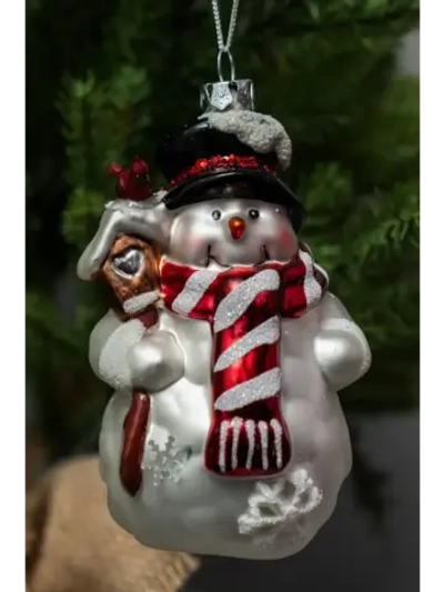 Елочная игрушка Снеговик со скворечником Н12,5 см, стекло
