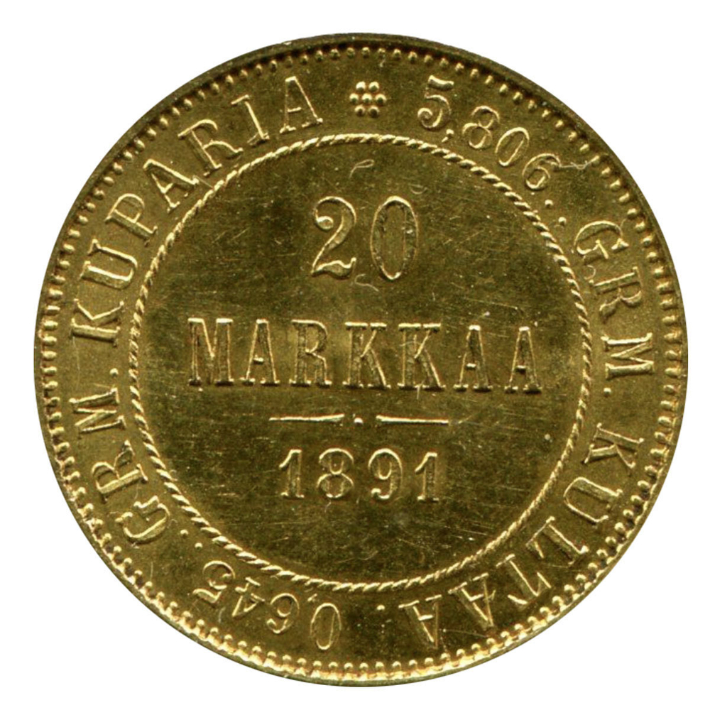 20 марок 1891 год. Россия для Финляндии. Золото