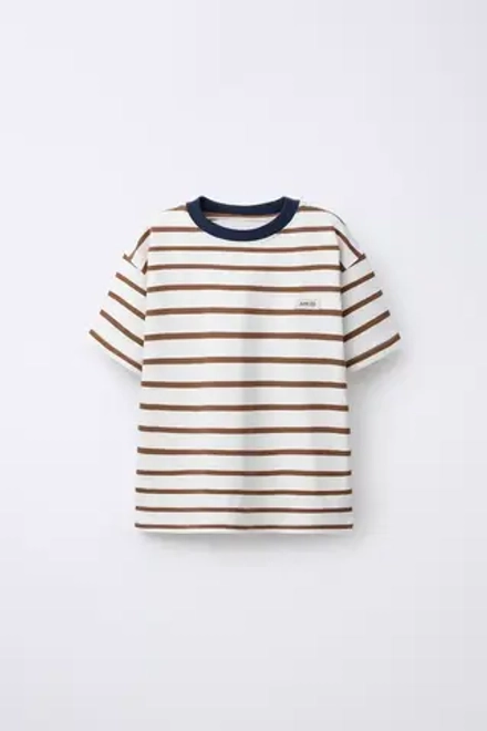 ZARA ФУТБОЛКА В ПОЛОСКУ ИЗ ПЛОТНОГО ДЖЕРСИ С НАШИВКОЙ, КОРИЧНЕВЫЙ/БЕЛЫЙ