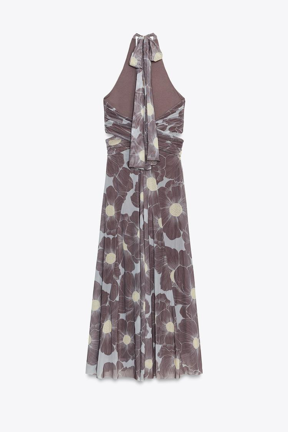 ZARA ДЛИННОЕ ПЛАТЬЕ ИЗ ТЮЛЯ С ПРИНТОМ И ВЫРЕЗАМИ, СЕРО-КОРИЧНЕВЫЙ