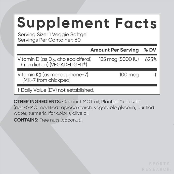 Vitamin D3+К2 5000 МЕ, Витамин Д3+К2, Sports Research (60 капсул)