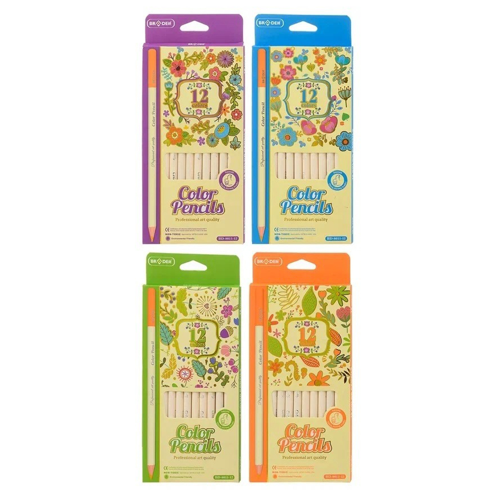 Карандаши цветные, Basir, деревянные, белый корпус, цветная упаковка, 12 шт