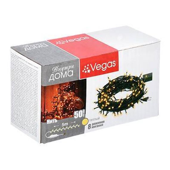 Светодиодная нить 5 м., 50 теплых белых LED ламп, зеленый провод, Vegas (55059)