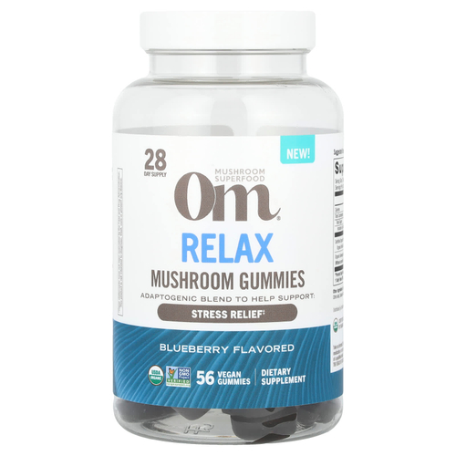 Om Mushrooms, Relax, жевательные грибные таблетки, со вкусом голубики, 56 веганских жевательных таблеток