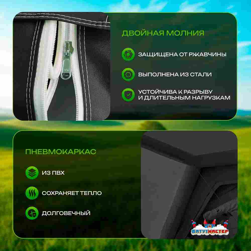 Пневмокаркасная всесезонная палатка «Тёплая Искра» 3,6×4,8×2,2 м — с печкой, из ПВХ, чёрная