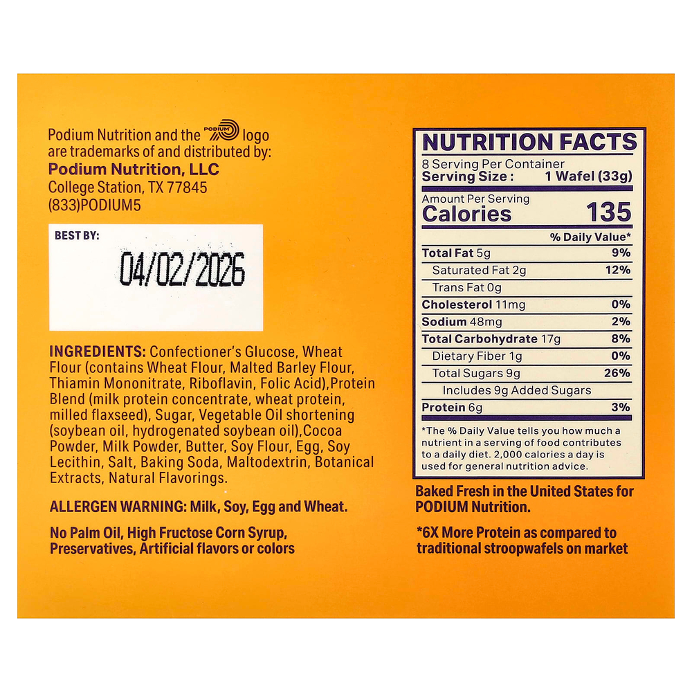 Podium Nutrition, протеиновая вафля, шоколадный брауни, 8 вафель по 33 г (1,16 унции)