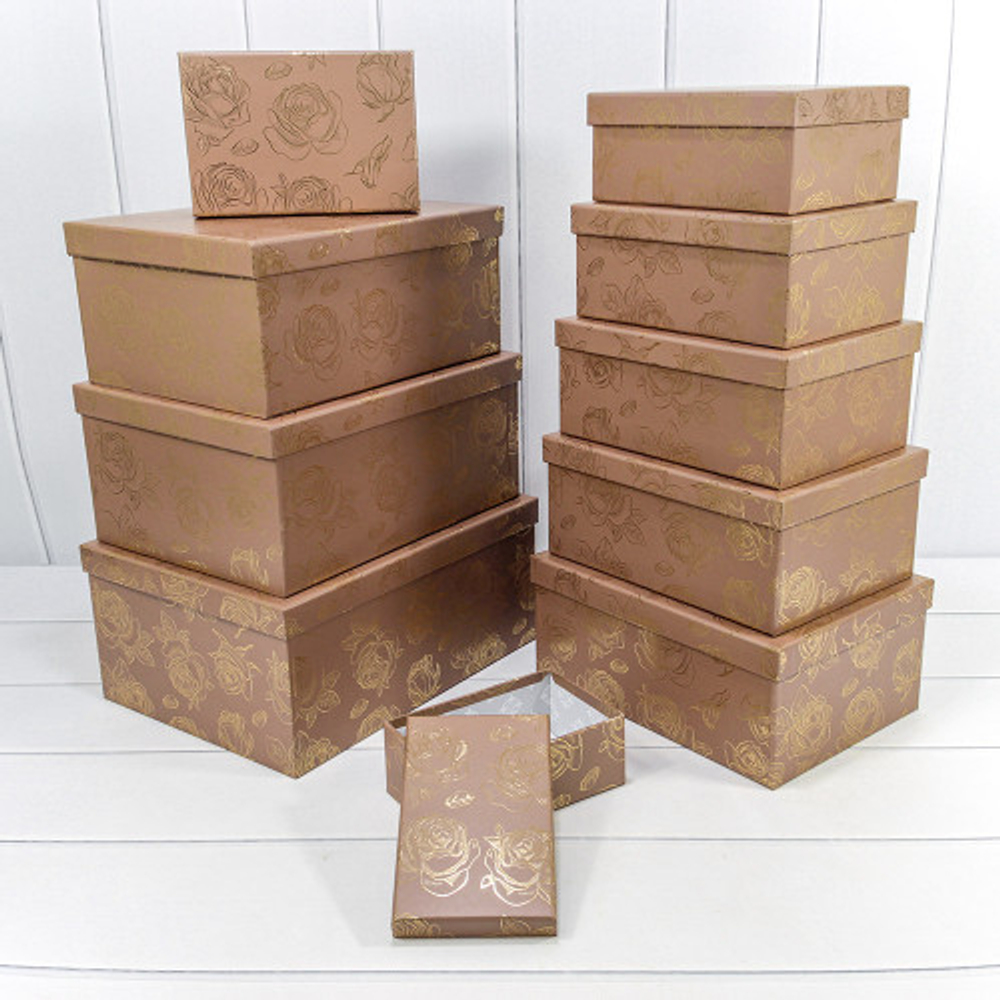 Коробка 34х26х15.3 см Набор 10 шт "Розы" с тиснением (Коричневый)