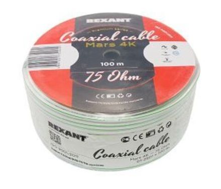 Кабель коаксиальный MARS 4K, Cu/Al/CuSn, 96%, 75Ом, 100м, INDOOR, белый REXANT