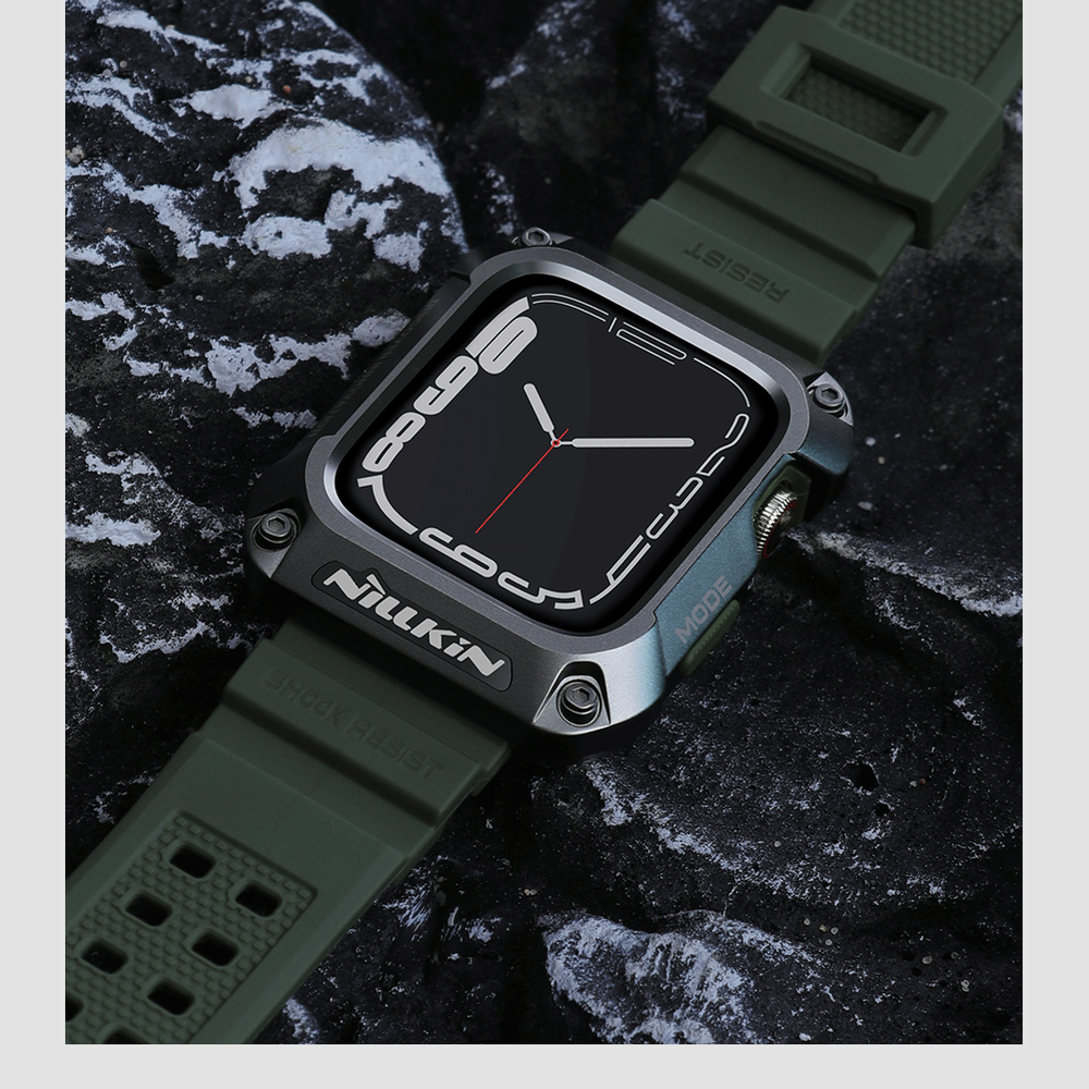 Металлический чехол-бампер от Nillkin DynaGuard Wristband Case для часов Apple Watch Series 7 и 8, 45мм, в комплекте ремешок зеленого цвета из ТПУ с двойным замком