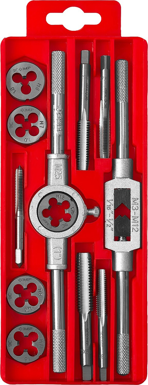 ЗУБР 12 предметов, набор метчиков и плашек в пластиковом боксе, сталь 9ХС