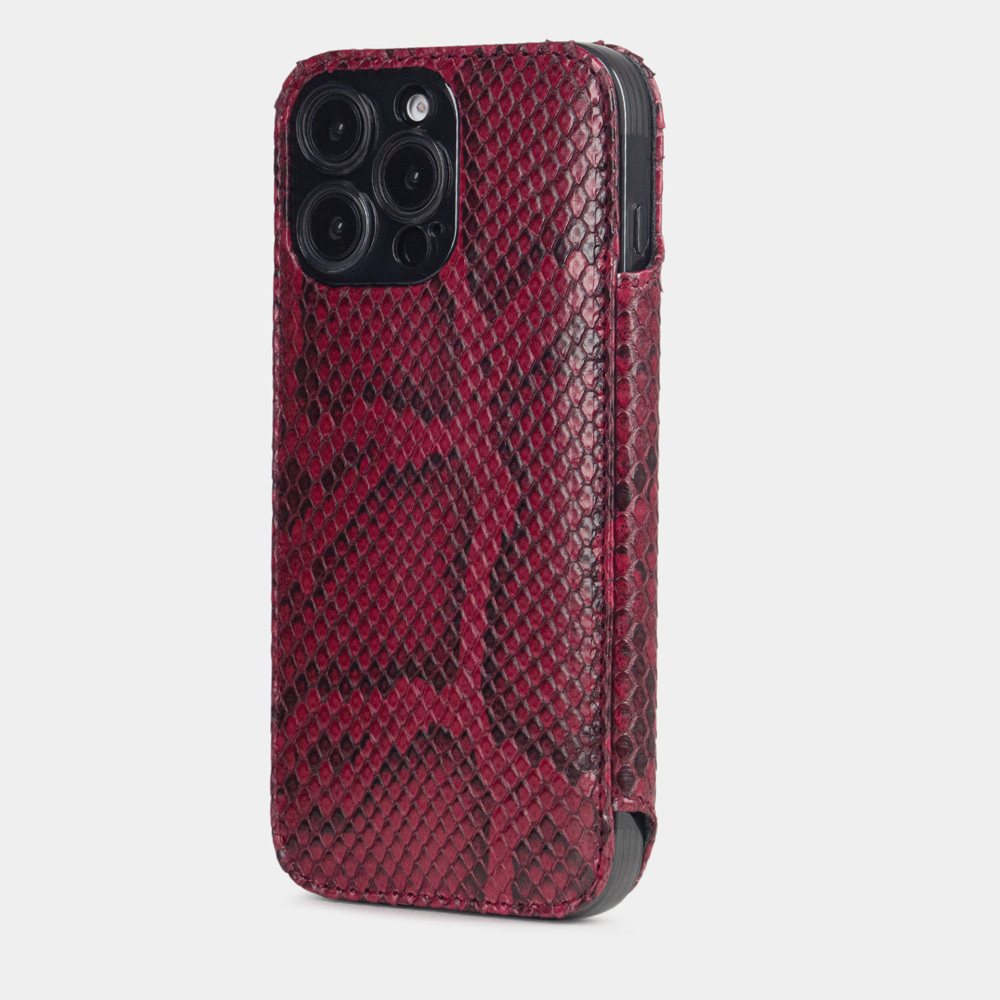 Чехол-книжка кожаная для iPhone 16 Pro, питон цвета малины