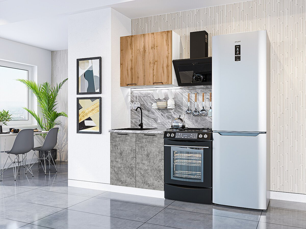 Прямая модульная кухня Флэт-03 Wotan Oak 2S/Temple Stone 2S - Белый 2140*800*600