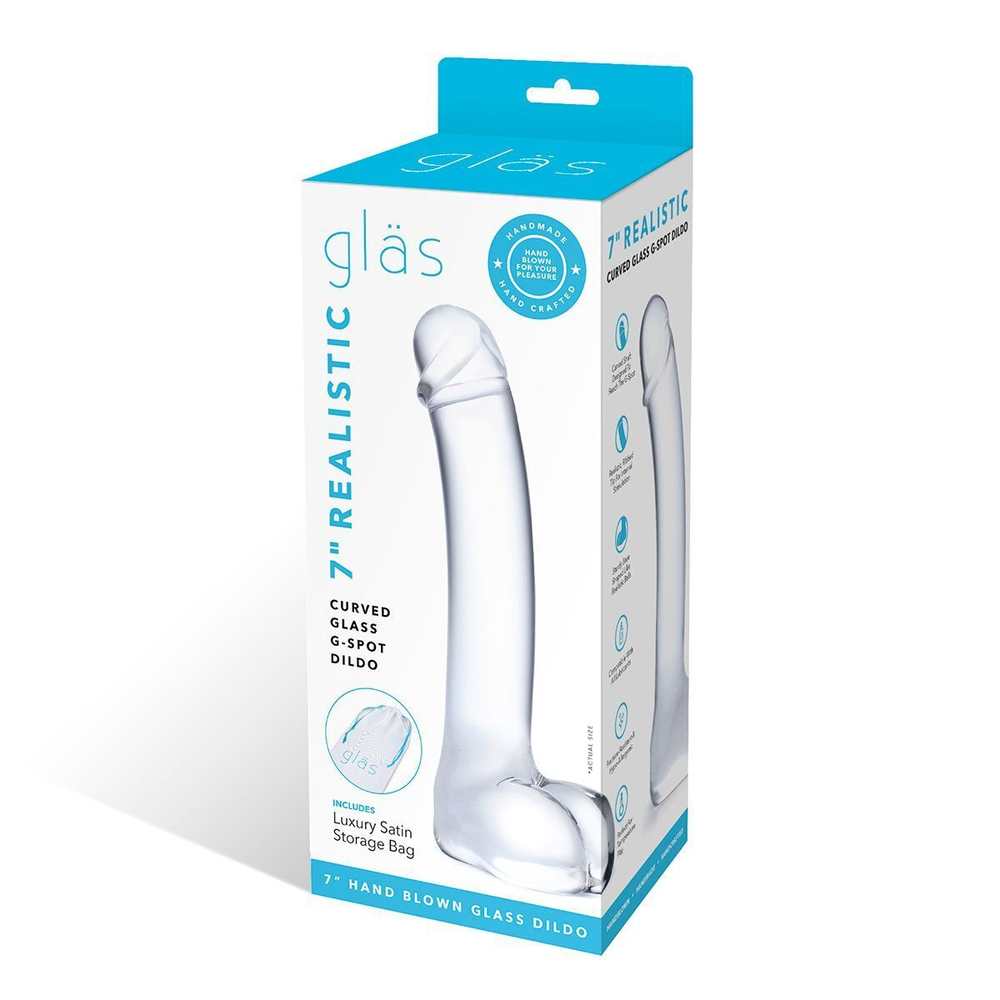 Прозрачный стеклянный фаллос с мошонкой Curved G-Spot - 18 см. (Цвет: прозрачный)