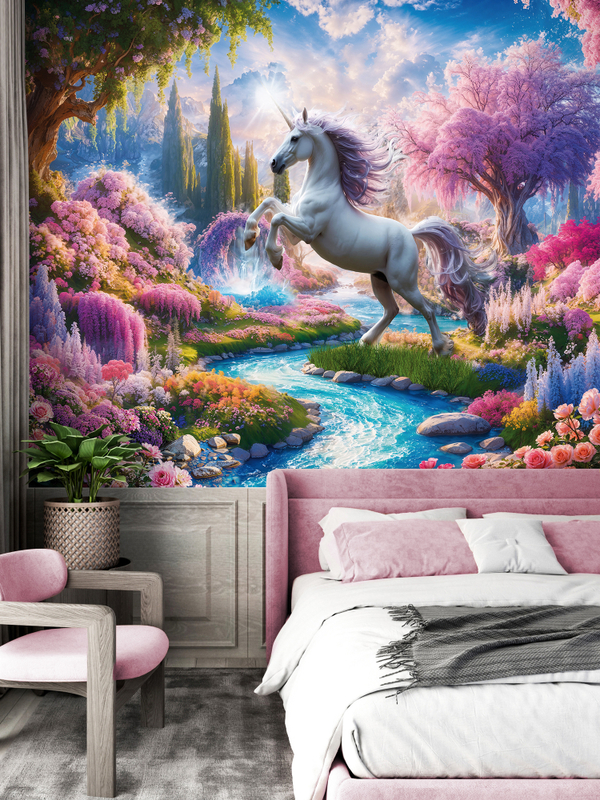 Детские 3D Фотообои сказочный пейзаж и единорог