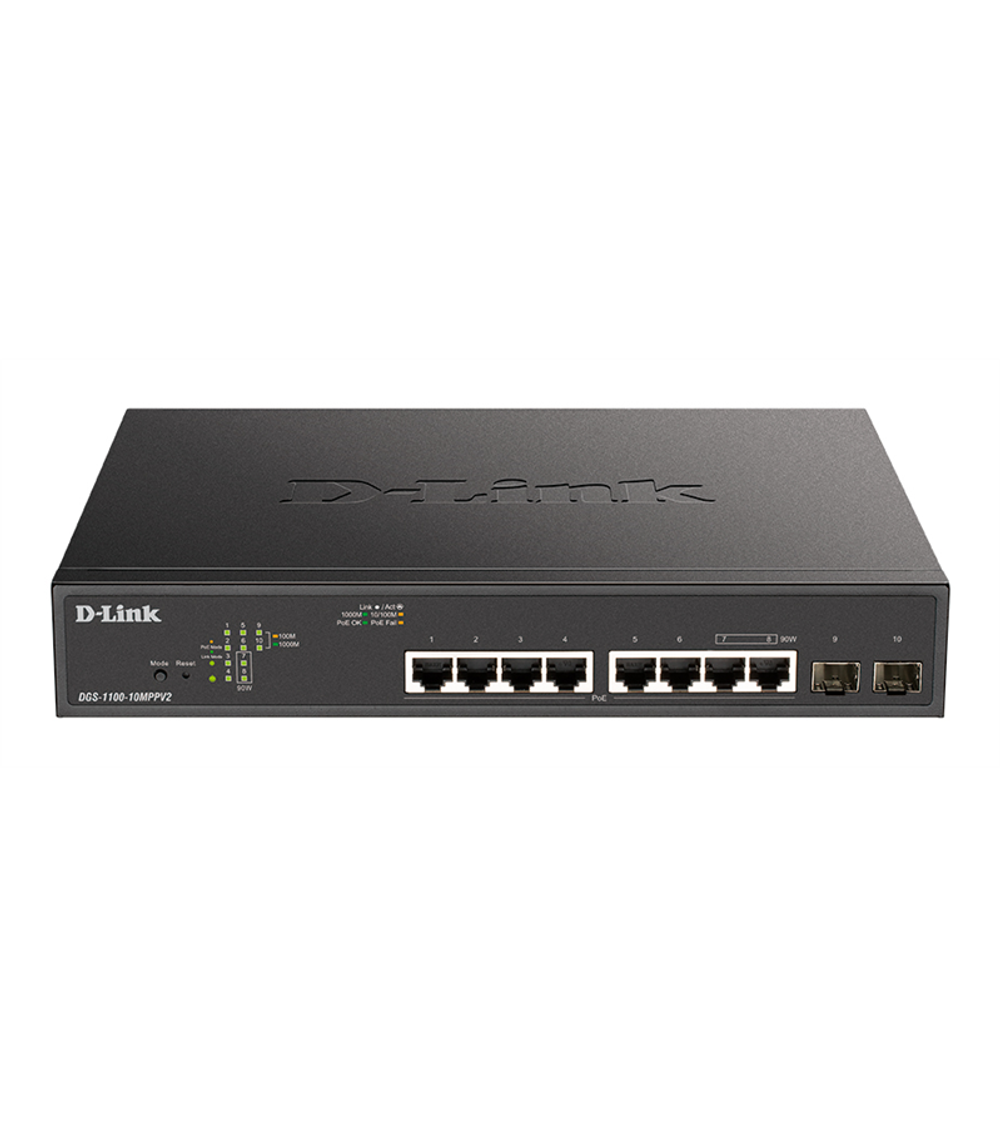Коммутатор D-Link EasySmart L2 Switch 8х1000Base-T PoE, 2x1000Base-X SFP, PoE Budget 242W, 2 PoE ports 802.3bt (90W)