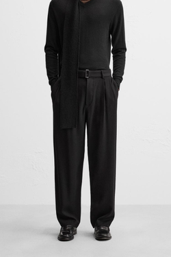 ZARA БРЮКИ С ЗАЩИПАМИ И РЕМНЕМ, ЧЕРНЫЙ