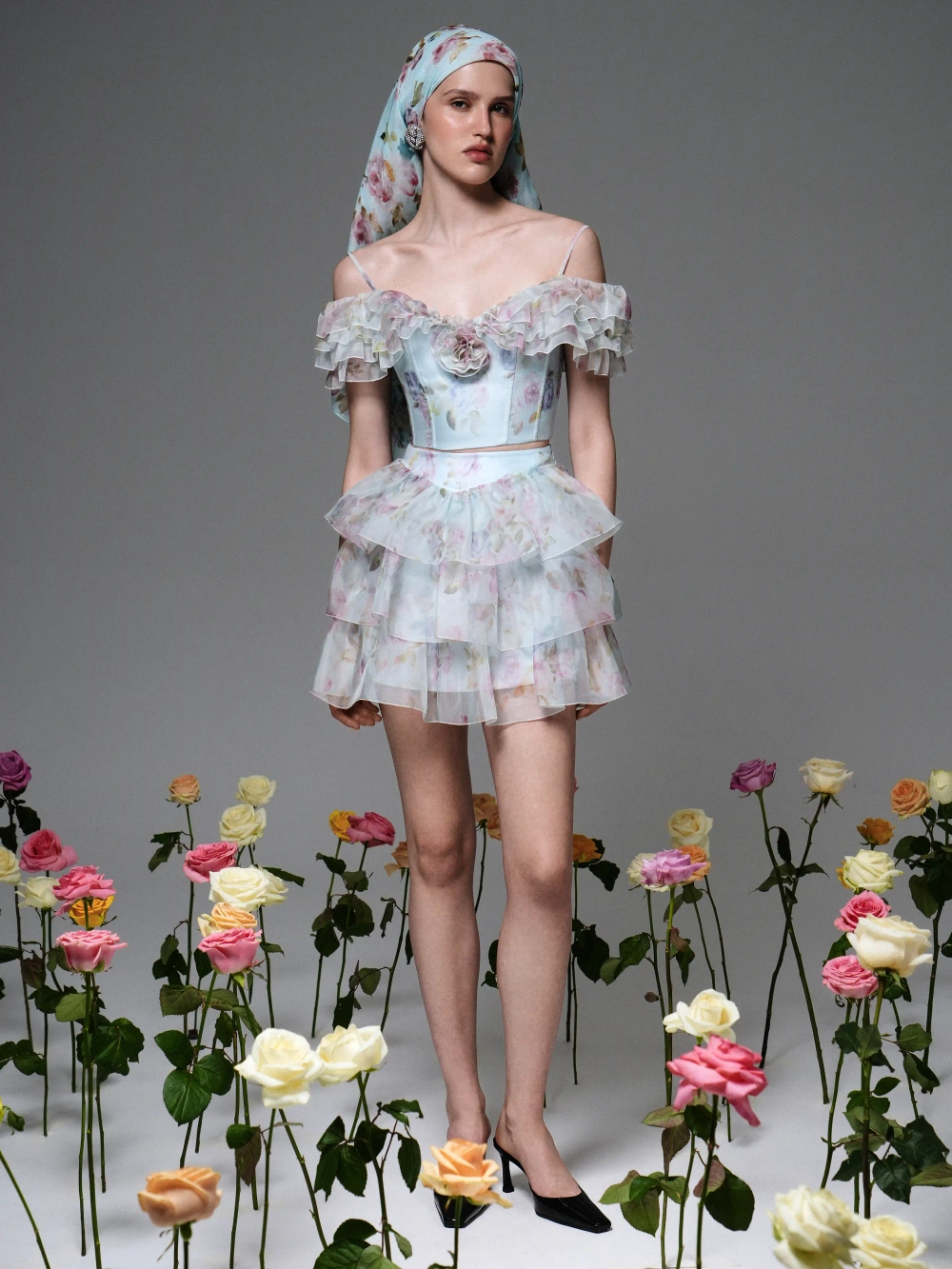 Мэй (May), топ из голубой органзы с цветочным принтом