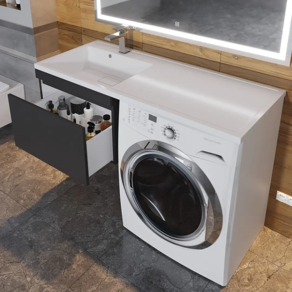 Тумба под стиральную машину с раковиной Uperwood Magenta 60/120 см, подвесная, черная, выдвижной ящик, левая