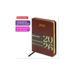 Ежедневник датированный 2026, МАЛЫЙ ФОРМАТ 100х150 мм, А6, BRAUBERG "Iguana", под кожу, коричневый, 117253