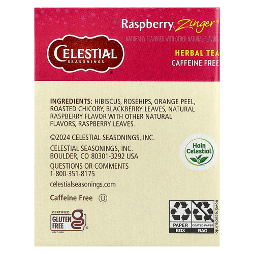 Celestial Seasonings, травяной чай, со вкусом пикантной малины, без кофеина, 20 чайных пакетиков, 45 г (1,6 унции)