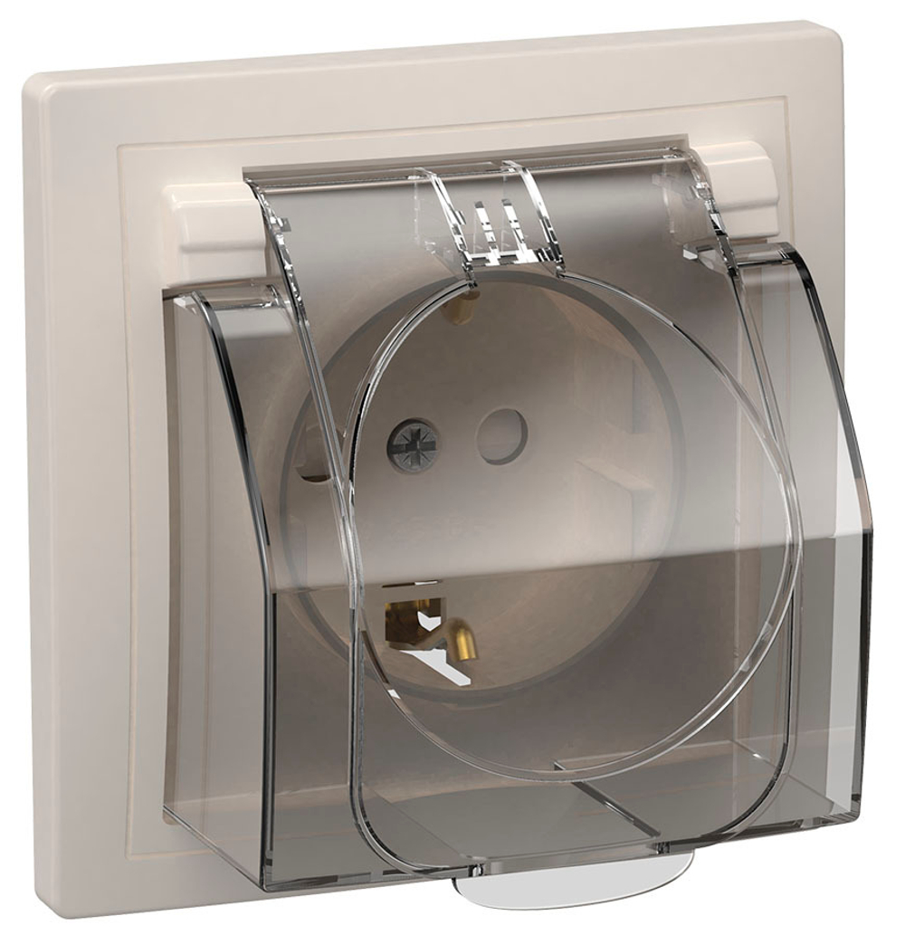 Розетка 1-местная РСбш11-3-ККБ-44 с заземлением с защитной шторкой с бол. кр. керамика IP44 16А КВАРТА белый IEK