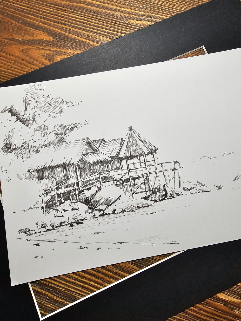 Картина, графика в паспарту 21х30 см на стену для интерьера "Хижины на сваях"