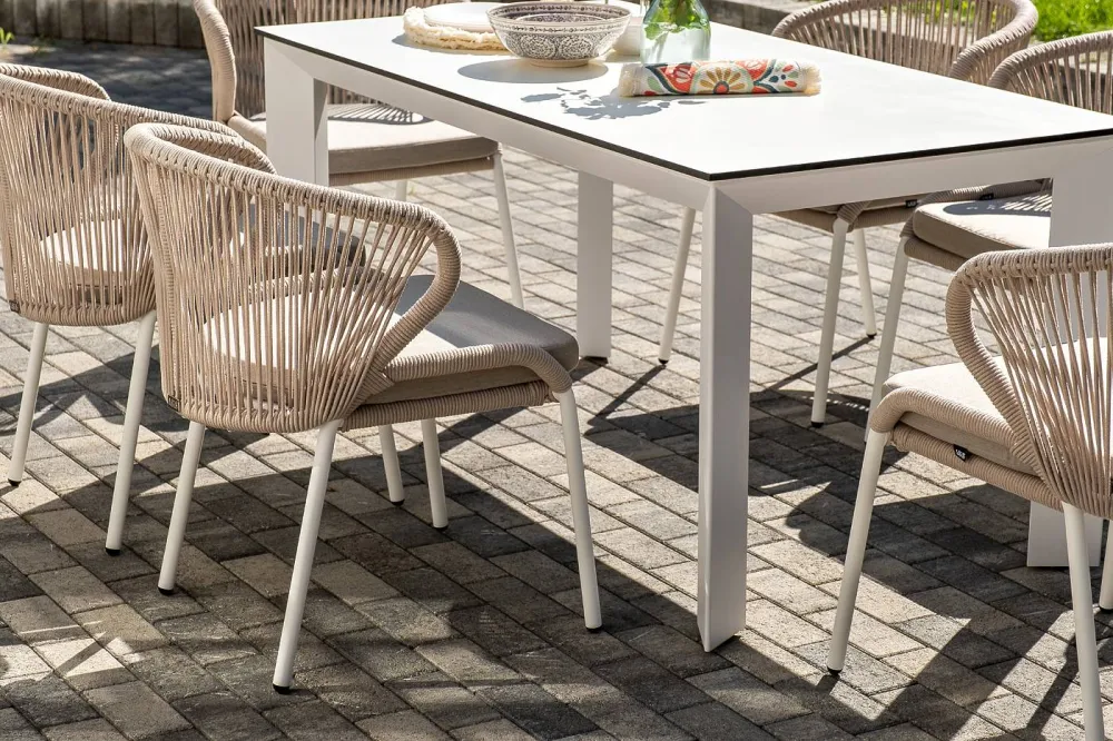 "Венето" обеденная группа на 6 персон со стульями "Милан", каркас белый, роуп бежевый