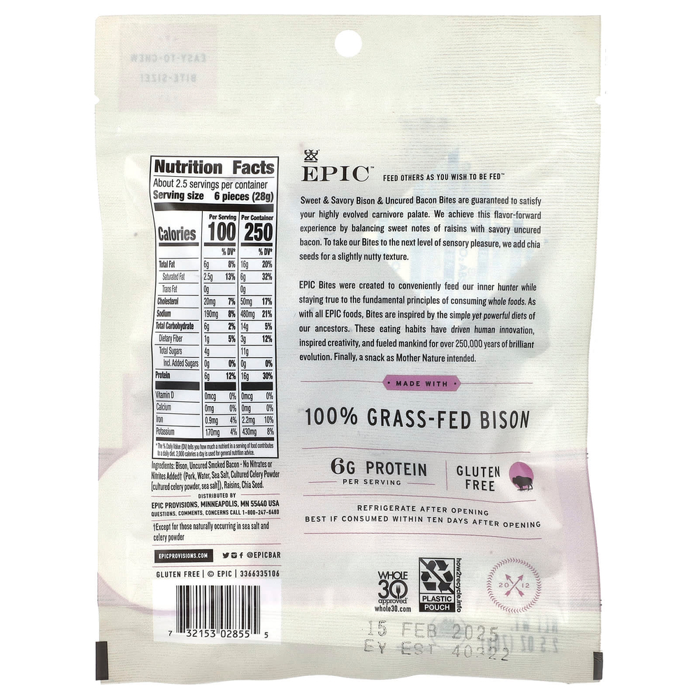 Epic Bar, Bites, бизон и незасоленный бекон, сладкий и пикантный, 70 г (2,5 унции)