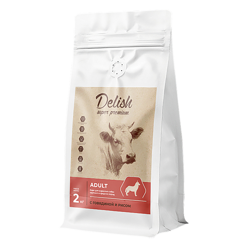 Сухой корм DELISH super premium для взрослых собак средних и крупных пород с говядиной и рисом - 2 кг