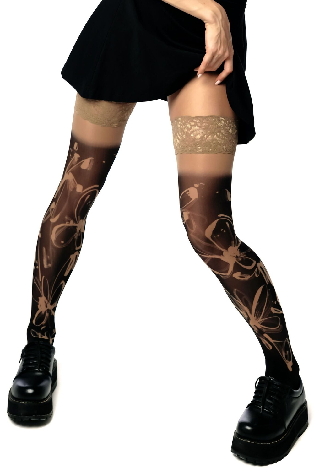 Черно-бежевые чулки с цветочным принтом (Размер: S-M-L) (Цвет: бежевый)