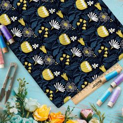 Ткань оксфорд 600 жёлтые цветы и листья на чёрном фоне