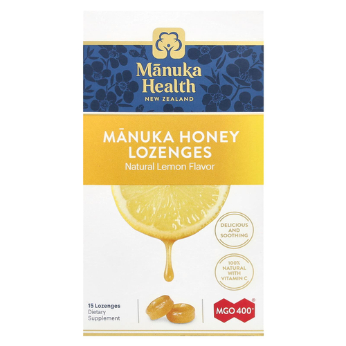 Manuka Health, леденцы с медом манука, натуральный лимон, MGO 400+, 15 леденцов