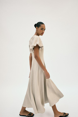 ZARA ПЛАТЬЕ МИДИ ИЗО ЛЬНА С ОБЪЕМНЫМИ РУКАВАМИ, СВЕТЛО-БЕЖЕВЫЙ