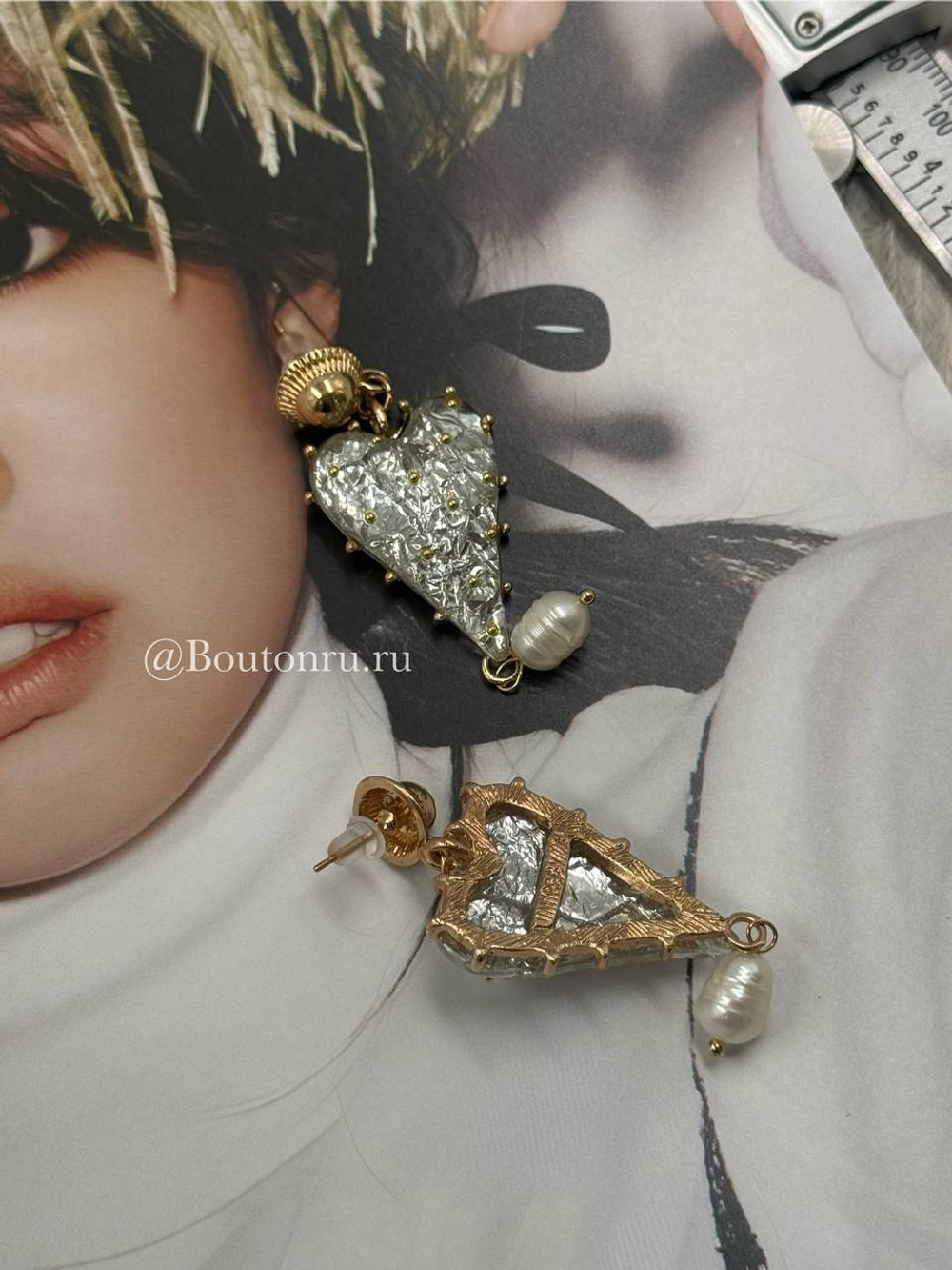 Серьги в форме "Сердца" прозрачные с подвесками из натурального жемчуга