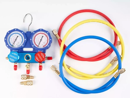 Манометрическая станция DSZH WK-P3602S (R22/404/407/410; 2-х вентильный; шланги 0.9м до 55 Bar-1/4"SAE, 2 адаптера R410 x R22, манометры 68мм, в кейсе)