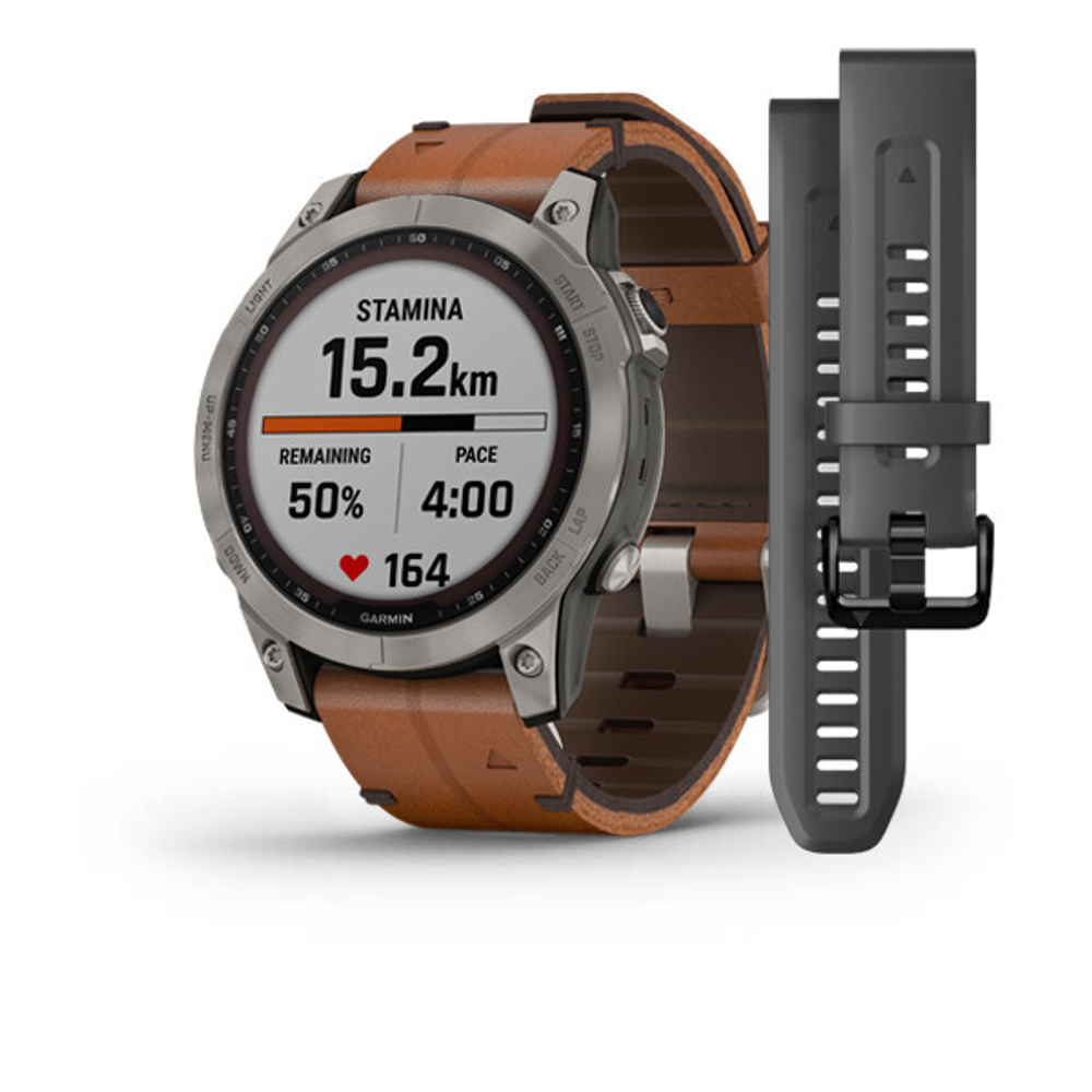 Garmin Fenix 7 Sapphire Solar титановый серый с коричневым кожаным ремешком 47 мм (010-02540-31)